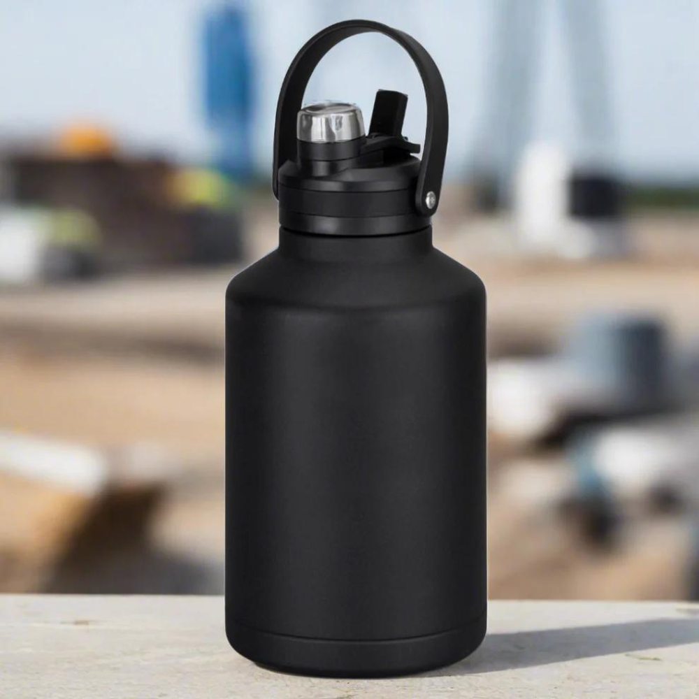 2L Vacuum Hydration Steel Bottle featuring double-wall insulation, secure lid, and sturdy carry handle for outdoor hydration.