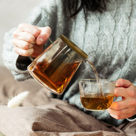 Elegant Infuser Teapot with stainless steel infuser, bamboo lid, and 460ml capacity, perfect for tea lovers.