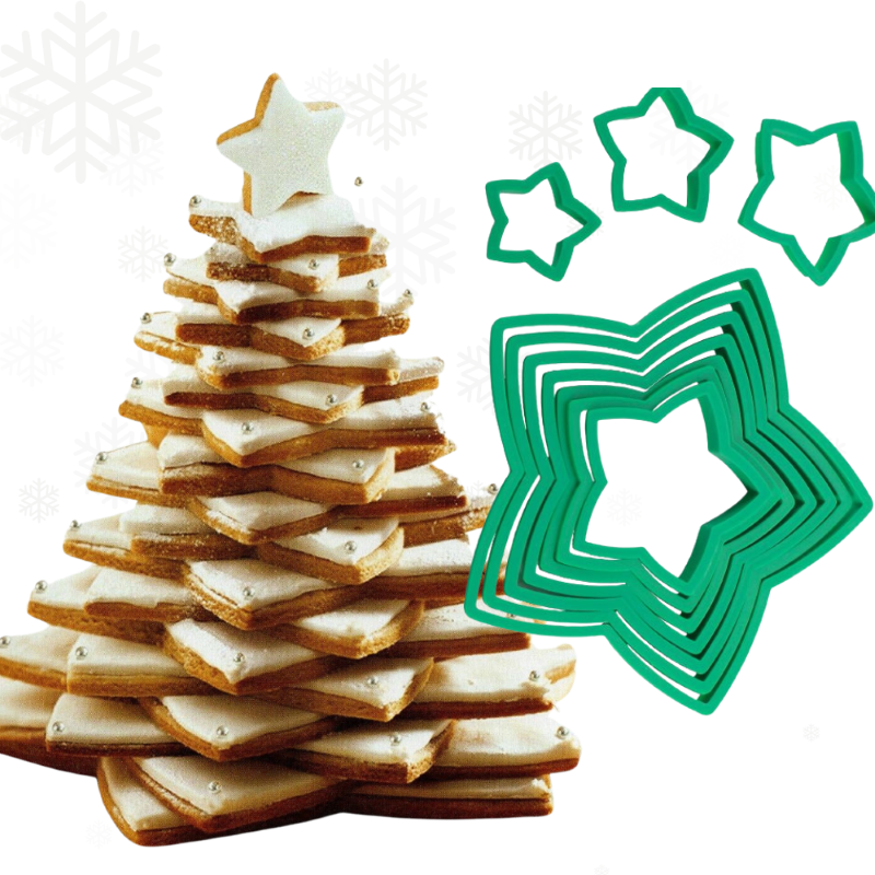 Star-shaped cookie cutter set of 10 for festive baking and decorating Christmas tree cookies, includes gingerbread recipe.