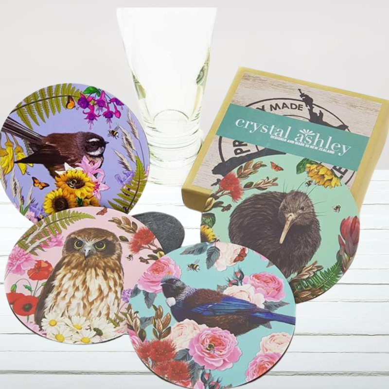 New Zealand Birds Coaster Set featuring vibrant prints on durable acrylic and cork, perfect for bird lovers and home decor.