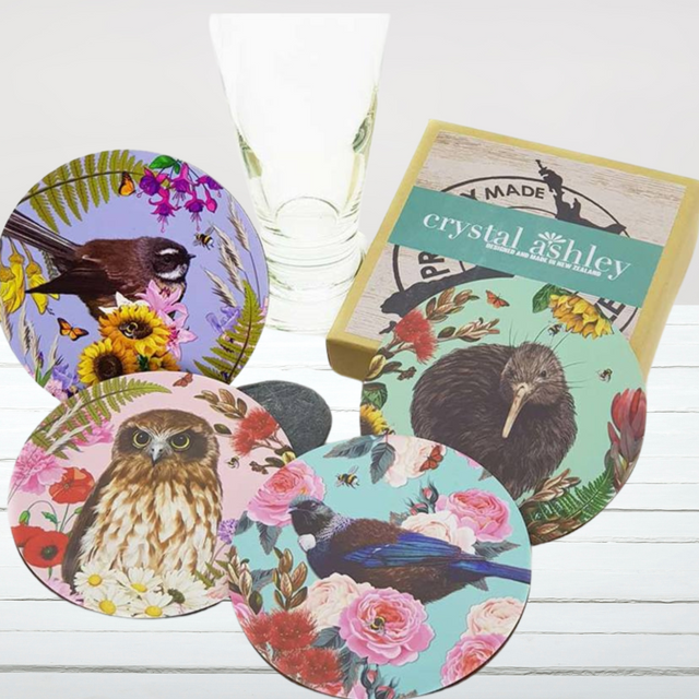 New Zealand Birds Coaster Set featuring vibrant prints on durable acrylic and cork, perfect for bird lovers and home decor.