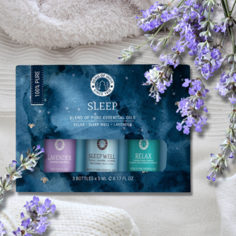 Sleep Essential Oil Gift Pack featuring soothing blends for relaxation and improved sleep quality with Lavender, Orange, and Chamomile.