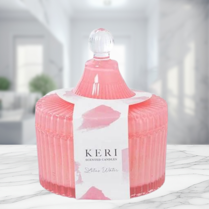 Keri Scented Candle in light pink jar, featuring refreshing Lotus Water fragrance for a calming ambiance and elegant decor.