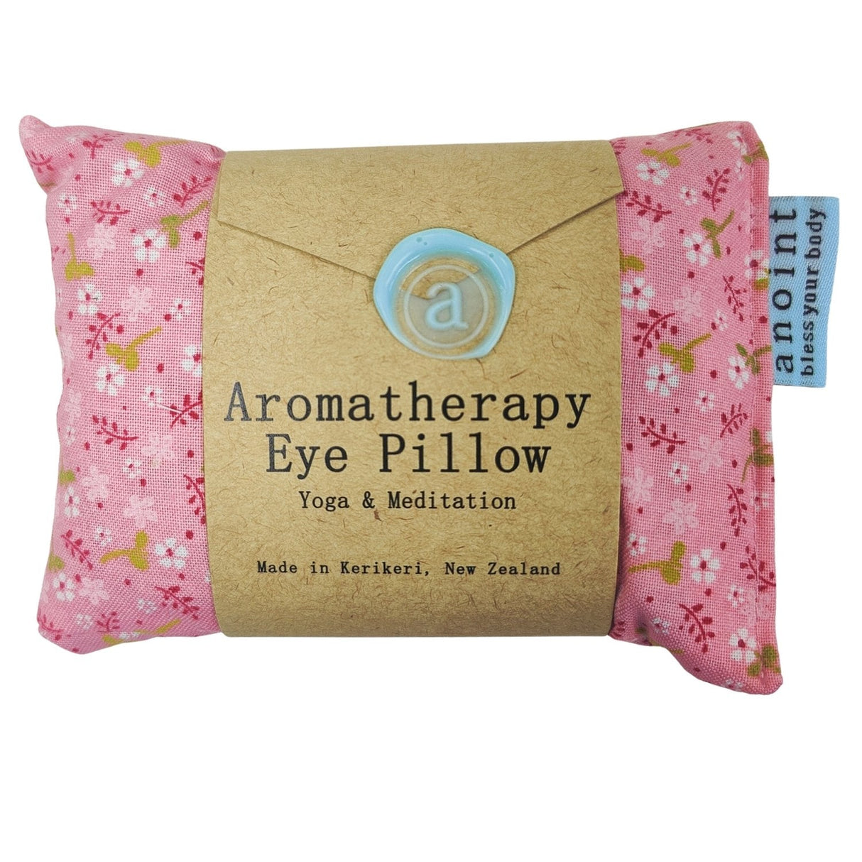 Handcrafted aromatherapy eye pillow featuring floral fabric, filled with botanicals and essential oils for relaxation.
