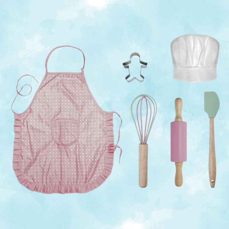 Girls Baking Set featuring kid-sized tools, a chef hat, apron, and silicone utensils for fun, safe baking experiences.