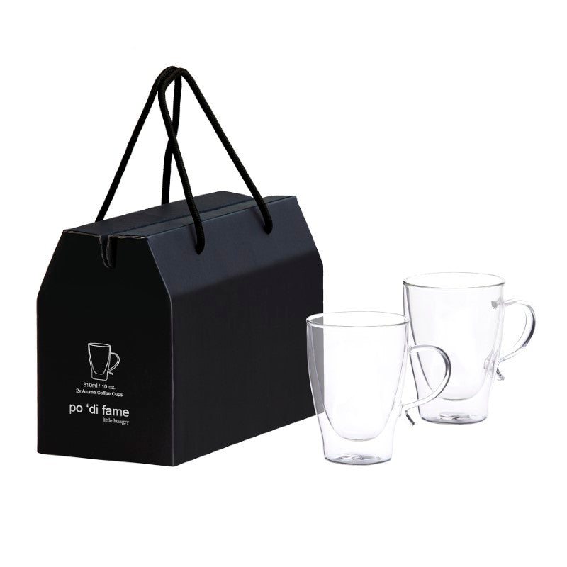 Elegant double wall coffee cup set with two 310ml glasses designed to keep drinks hot while the exterior remains cool.