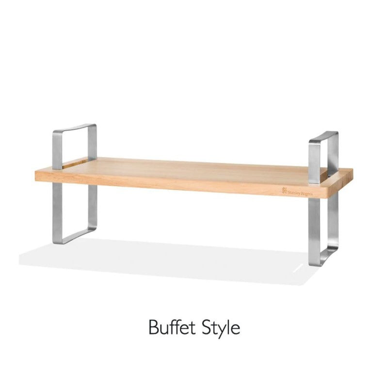 Adjustable Serving Board with sleek stainless steel legs, perfect for tapas, sushi, and cheese platters in four heights.