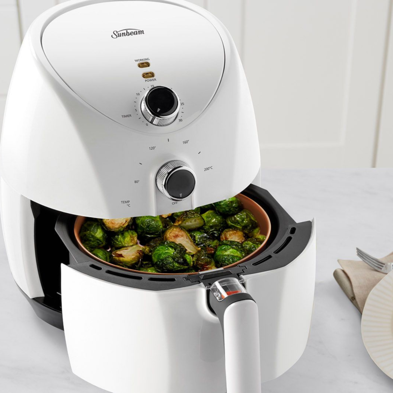 3L Air Fryer with DuraCeramic basket for healthier, crispy snacks; features timer, temperature control, and cool-touch handle.