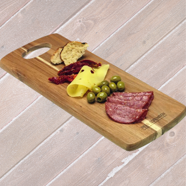 Tapas Acacia Wood Serving Board showcasing unique grain, lightweight design, ideal for elegant entertaining and serving nibbles.