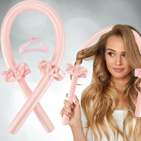 Cream heatless hair curler headband with satin rod, scrunchies, and clip for healthy, effortless curls overnight.