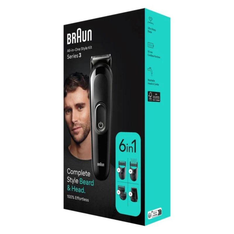 Braun 6-in-1 Grooming Kit for beard trimming, shaving, and hair clipping with adjustable combs and washable heads.