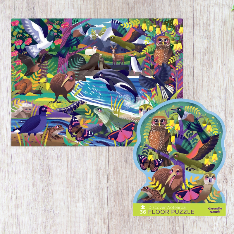Colorful Aotearoa Floor Puzzle for kids, featuring 36 sturdy pieces depicting New Zealand's unique animals and landscapes.