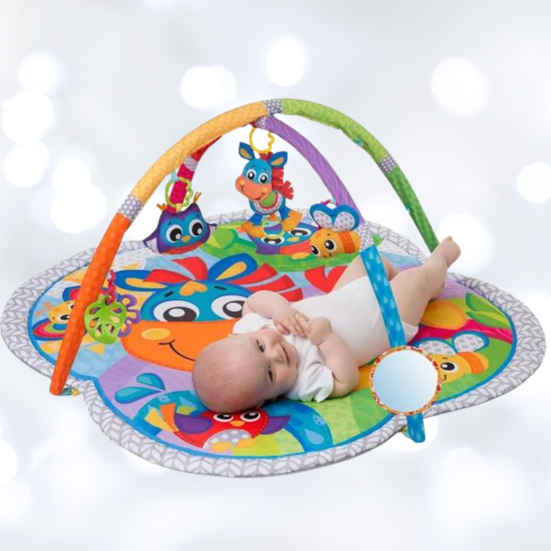Musical Activity Gym Mat with soft padding, colorful toys, a mirror, and soothing teether for baby's sensory development.
