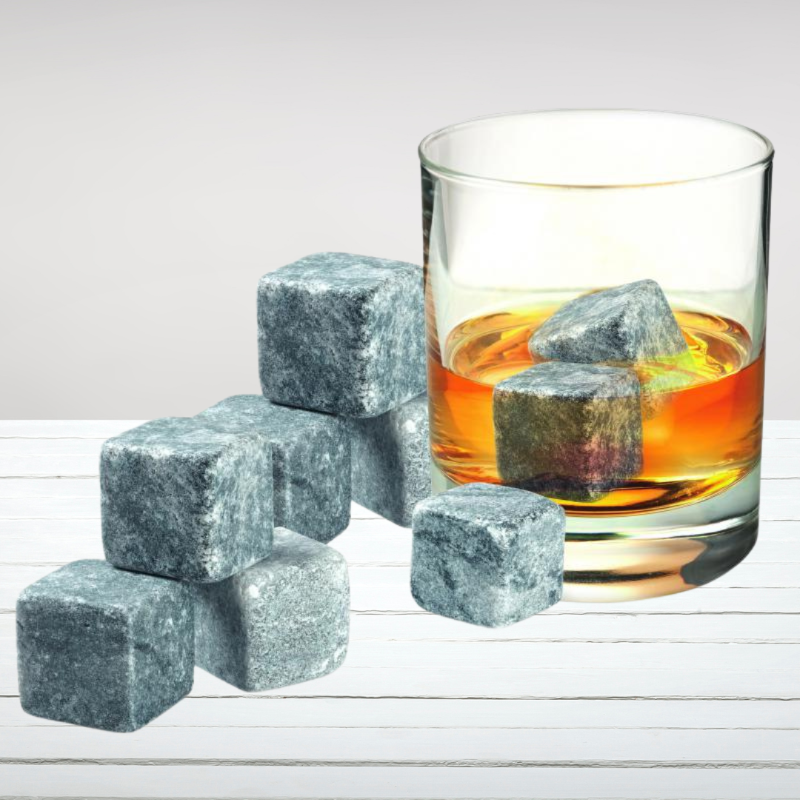 "9-piece whisky rocks set in a velvet pouch, designed to chill drinks without dilution for a pure tasting experience."
