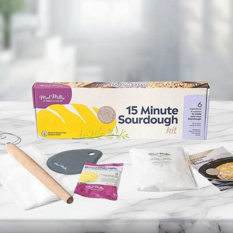Sourdough Making Kit: tools and ingredients for crafting artisan bread with a crispy crust and airy center.