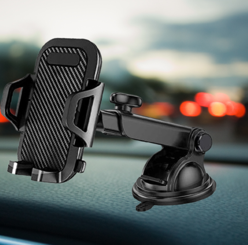 Hands-free universal car phone mount with 360° rotation, adjustable arm, and silicone padded holder for safe driving.