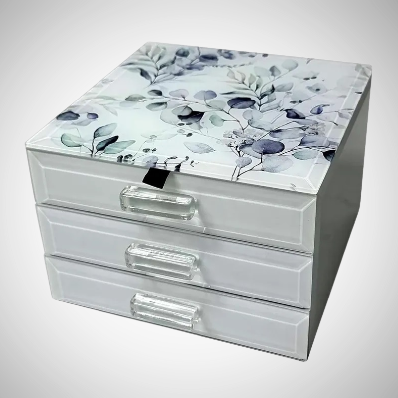 Elegant 3 Compartment Jewelry Box with mirrored design, features two top compartments, ring storage, and soft felt lining.