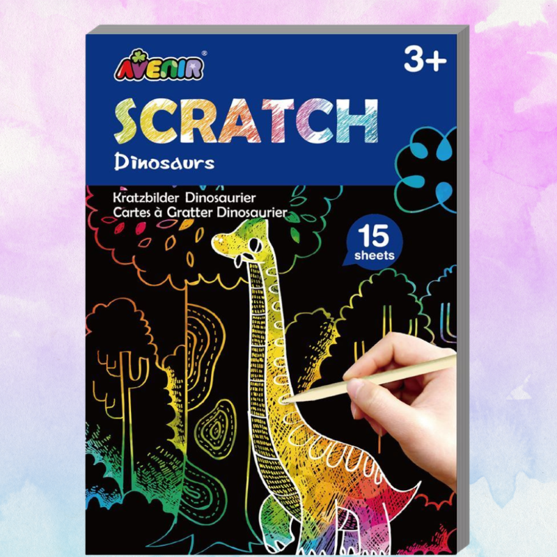 Scratch Book Dinosaurs featuring 15 pages for kids to creatively scratch and reveal vibrant colors and patterns.