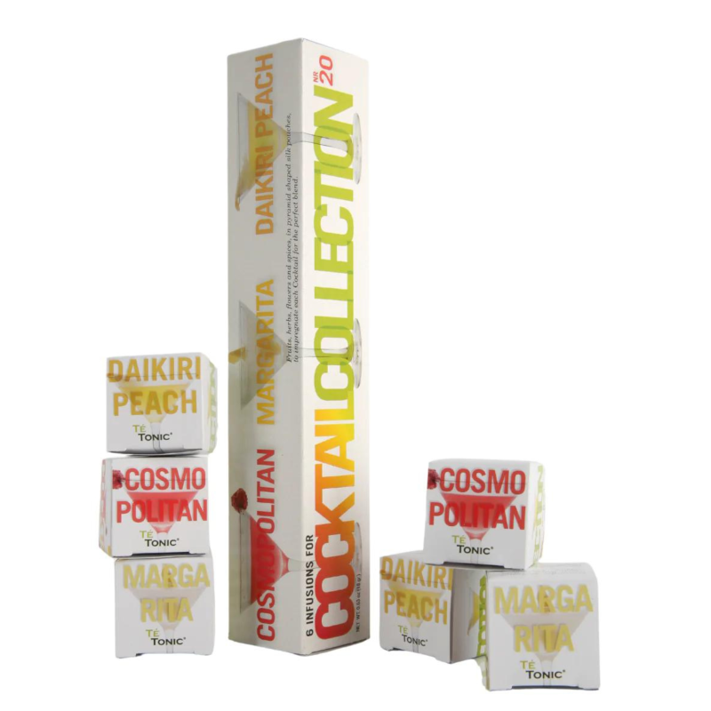 A collection of cocktail infusion kits featuring natural ingredients for making Cosmopolitan, Margarita, and Daiquiri Peach.
