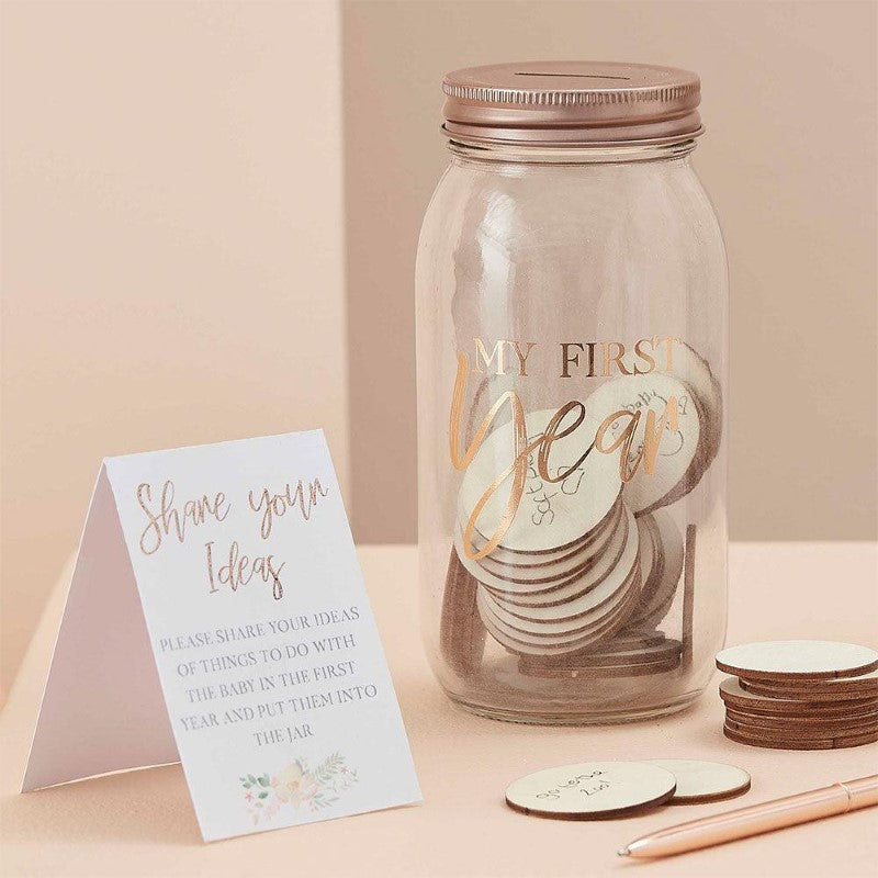 Elegant memory jar for capturing baby's first experiences, with 50 customizable tokens for milestones and heartfelt notes.