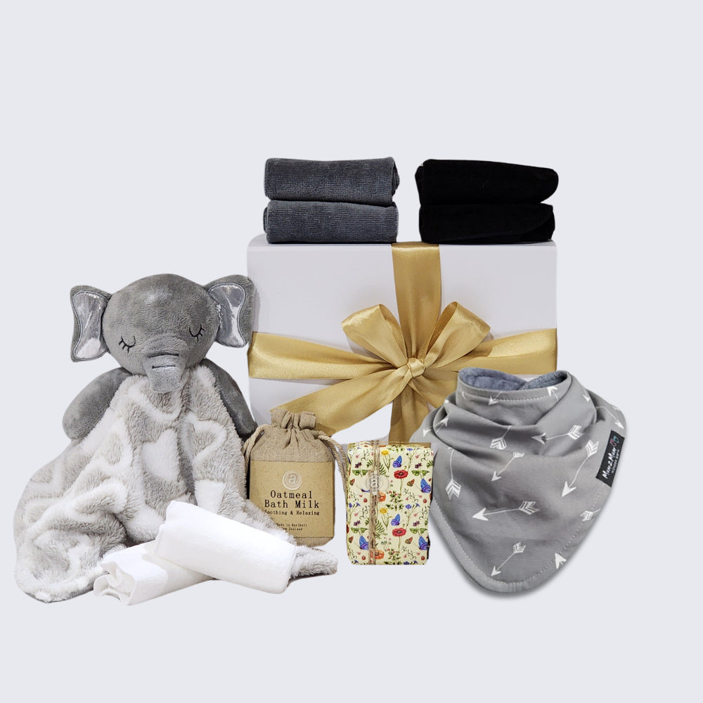 Gift box featuring a cozy elephant blanket, soft face cloths, gentle soap, oatmeal bath milk, and a practical bib for newborn care.