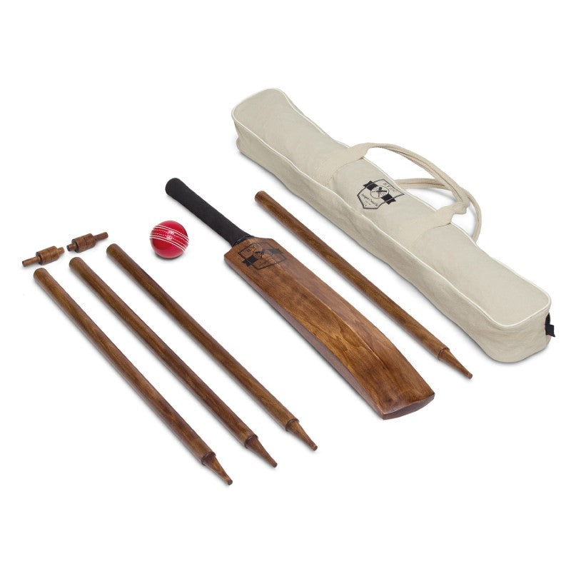 Vintage-inspired 8-piece cricket set with bat, wickets, ball, and carry bag for outdoor fun and traditional gameplay.