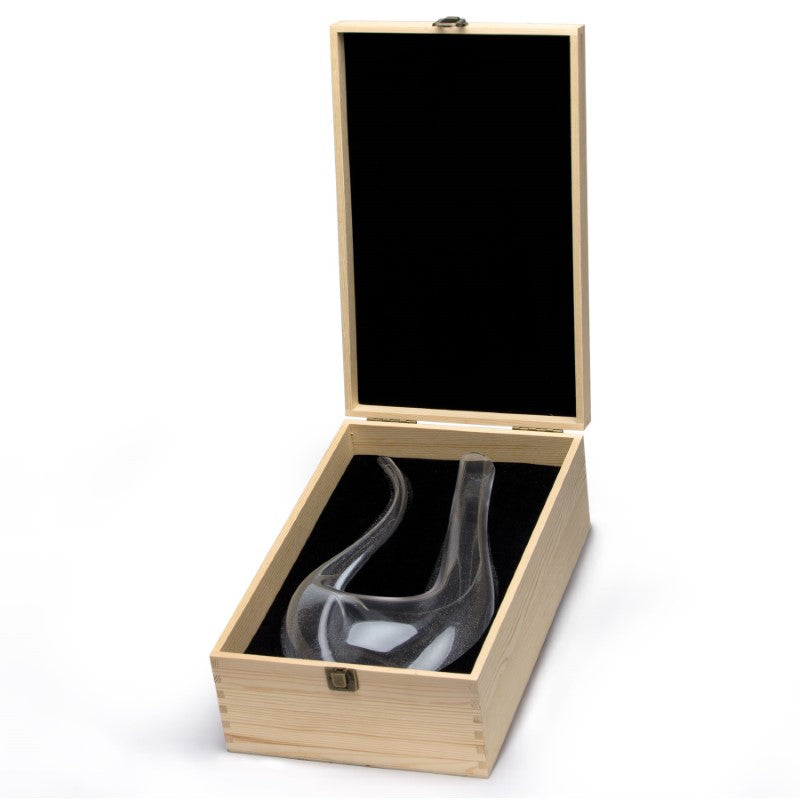 Elegant Artisan Wine Decanter with antique brass hardware in a natural pine box, designed for optimal aeration of red wines.