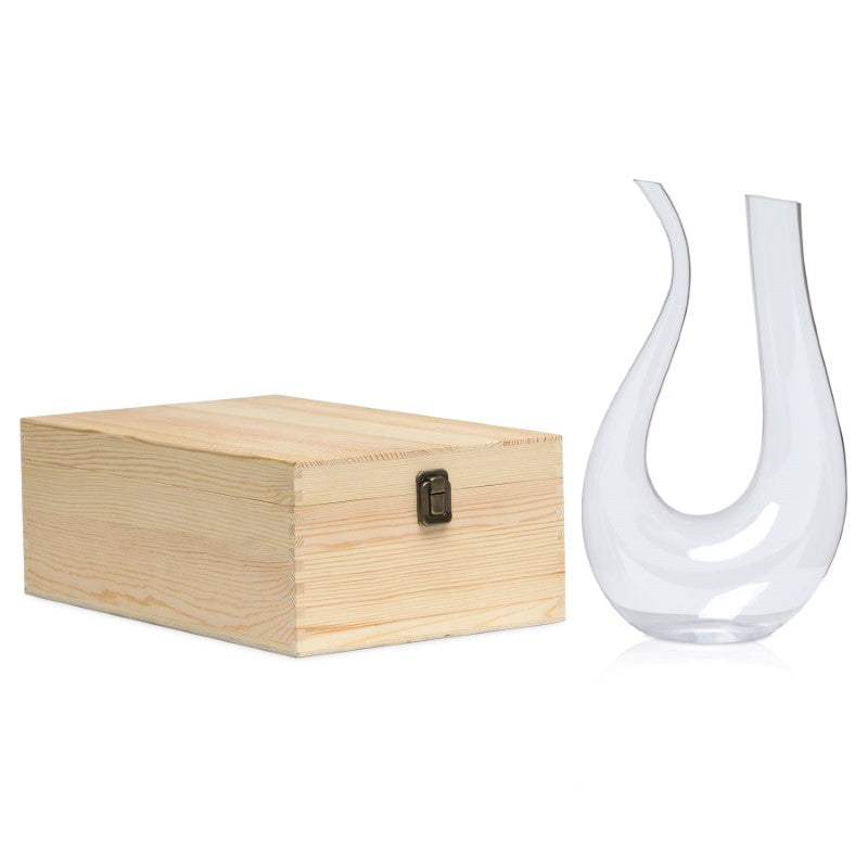 Artisan Wine Decanter featuring elegant glass design, antique brass hardware, and a custom pine box for enhanced wine aeration.