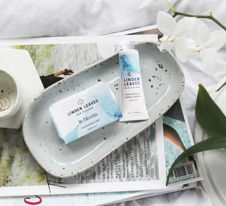 Linden Leaves Aqua Lily Hand Cream and Cleansing Bar Set, featuring nourishing ingredients for soft, clean hands.