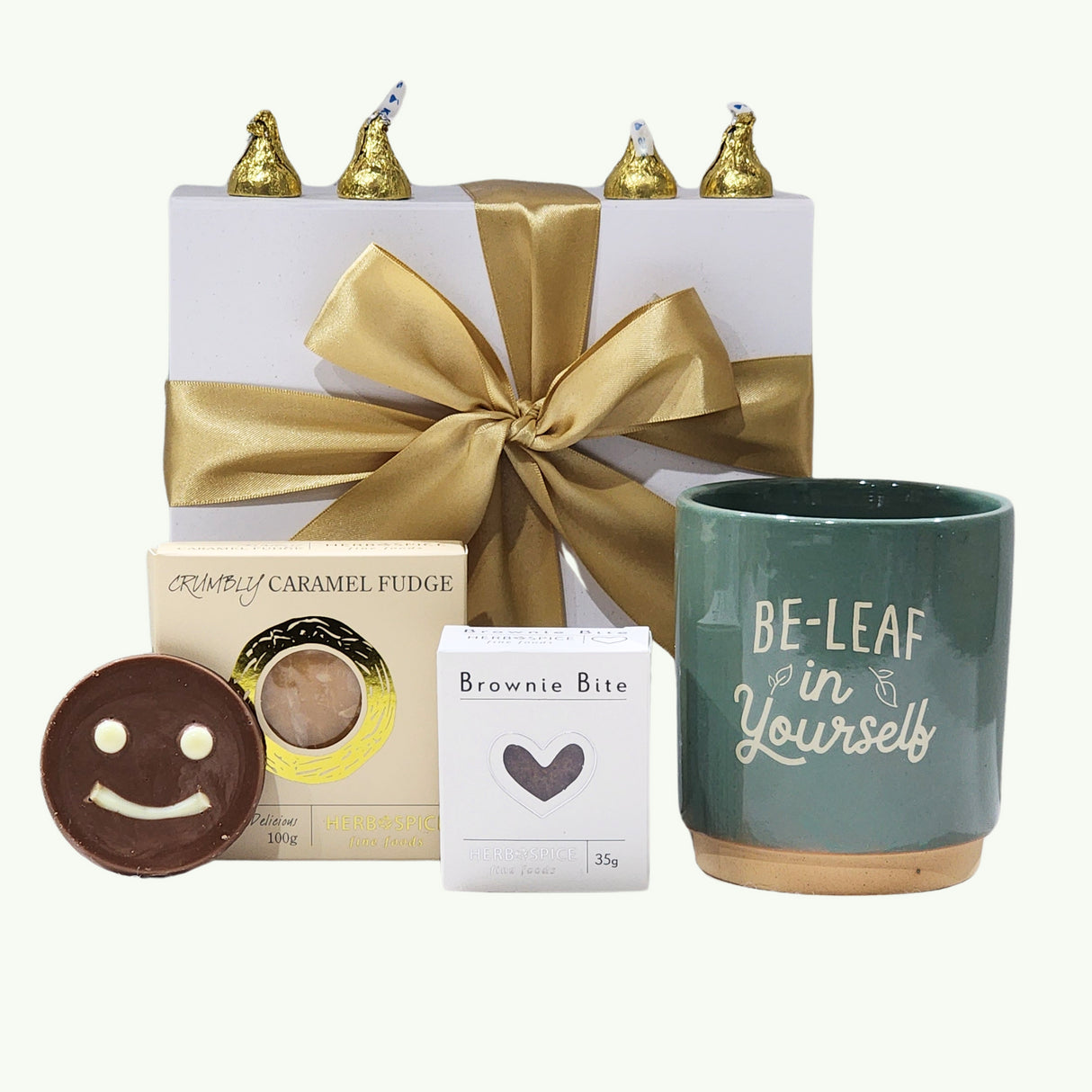 A beautifully packaged gift box with uplifting items, including a planter pot, fudge, chocolate, and a ribbon.