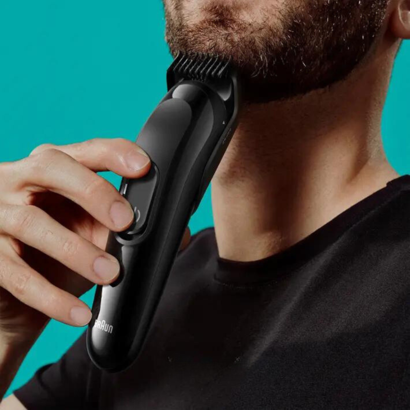 Braun 6-in-1 Grooming Kit with adjustable combs, mini shaver, and cordless operation for precise beard and facial grooming.