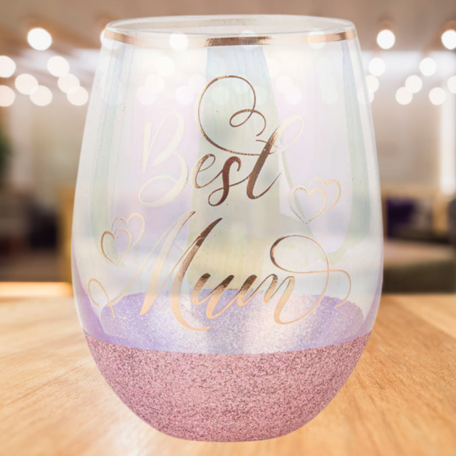 Elegant 600ml stemless wine glass for mum, adorned with glitter accents and gift-ready packaging, perfect for special occasions.
