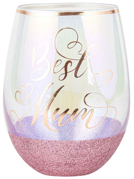Elegant 600ml stemless wine glass for mothers, featuring glitter accents and gift-ready packaging for special occasions.