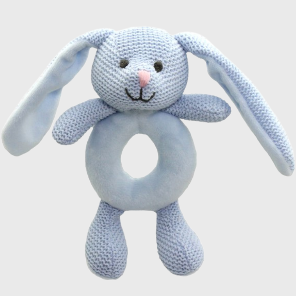 Woven blue bunny rattle for babies, 15cm, perfect for tiny hands with soft texture and gentle sound for sensory play.