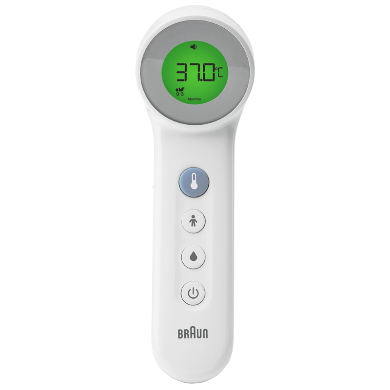 Touchless Forehead Thermometer measuring temperature across ages with color-coded display and quick, hygienic, no-touch options.