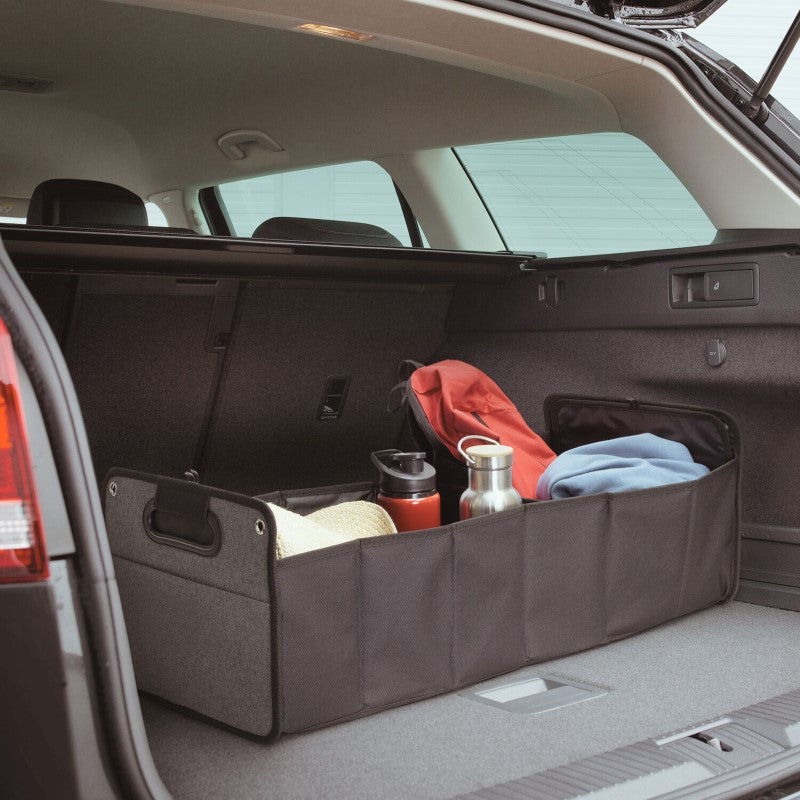 Durable trunk organiser with three compartments and 40L capacity for neat and secure car storage.