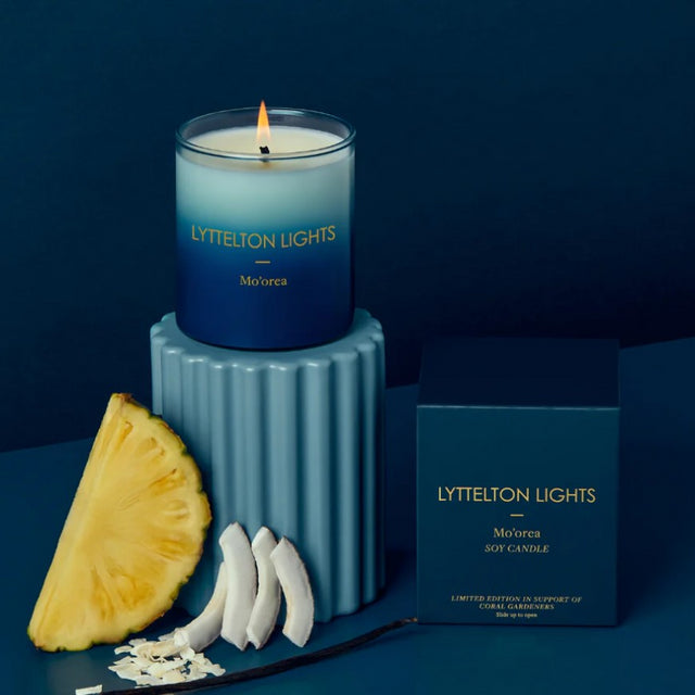 Lyttelton Lights Mo'orea Candle - Limited Edition, a handcrafted soy wax candle with tropical scents for a tranquil ambiance.