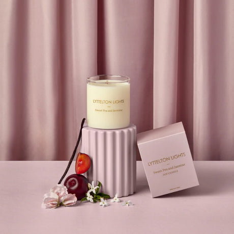 Lyttelton Lights Sweet Pea & Jasmine Candle, a soy candle with floral notes, crafted for a soothing ambiance in any space.