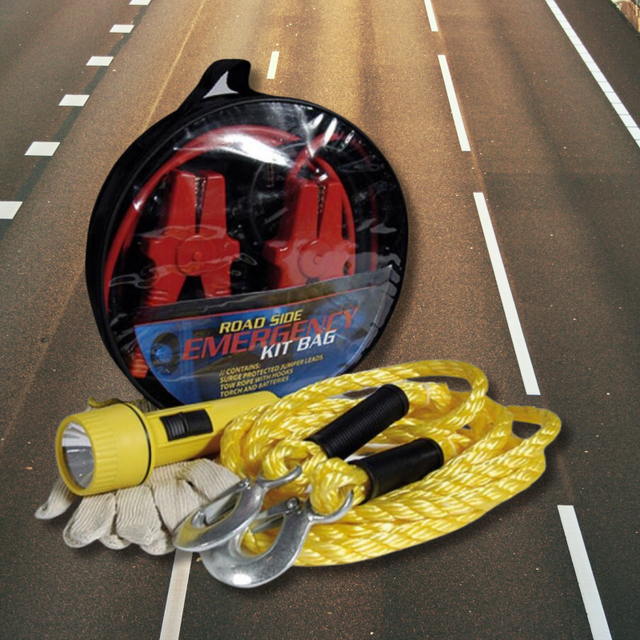 Roadside Emergency Breakdown Kit with jumper leads, tow rope, gloves, and flashlight for safe travel preparedness.