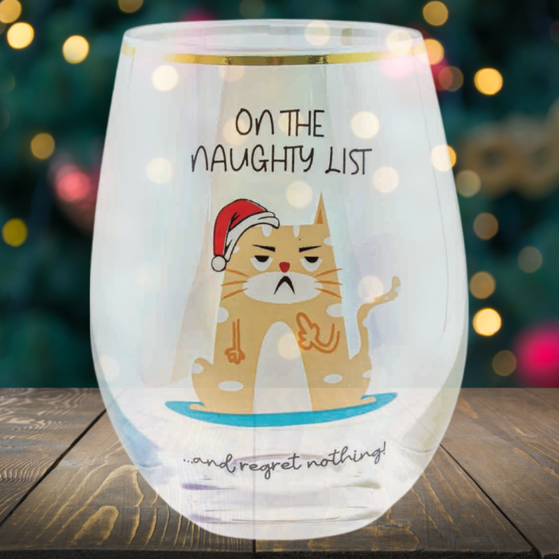 Stemless wine glass featuring "On the Naughty List" for playful celebrations and cozy nights. Perfect gift for wine lovers.