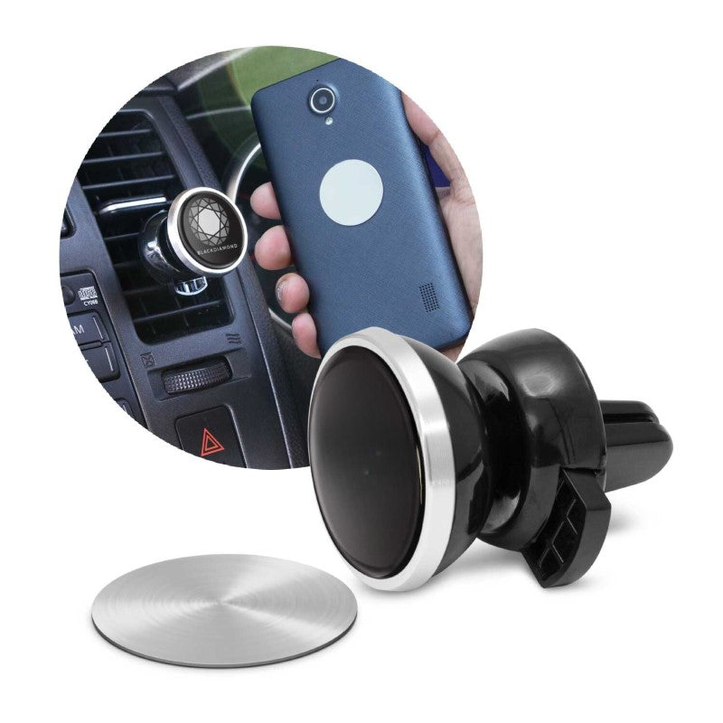 Sleek magnetic car vent phone holder with 360-degree rotation for easy access to GPS while driving.