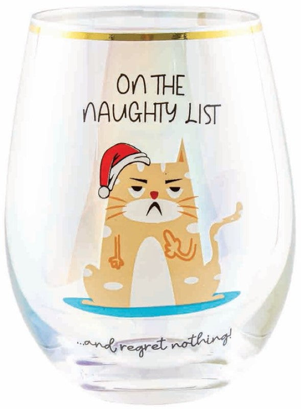 Stemless wine glass featuring 'On the Naughty List' design, perfect for festive fun and cheeky gatherings.