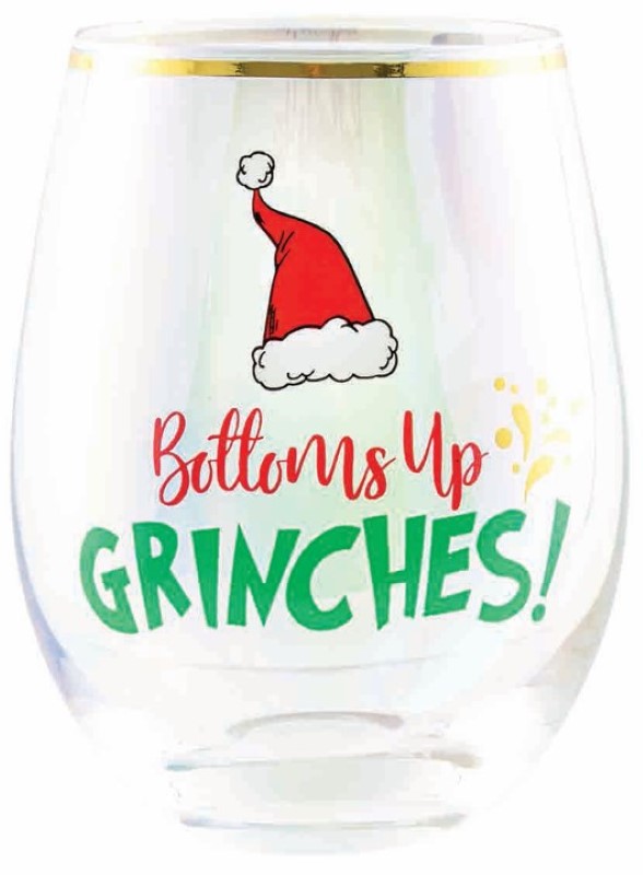 Stemless wine glass with "Bottoms Up Grinches" print, perfect for festive celebrations and holiday cheer.