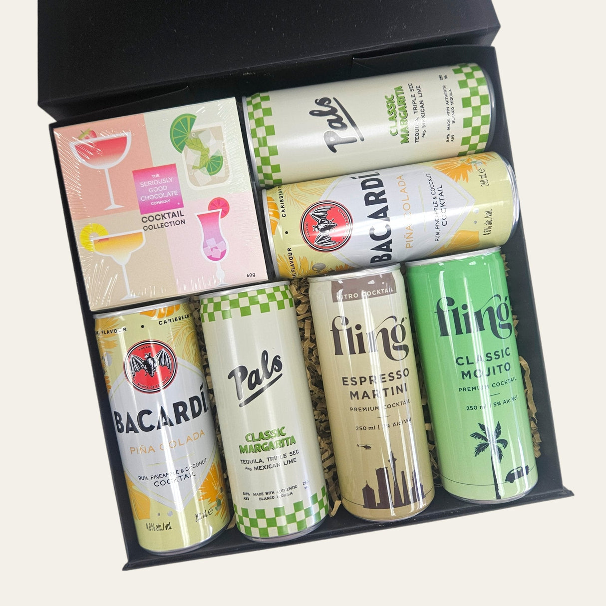 Cocktail Night gift box featuring margaritas, piña coladas, espresso martini, mojito, and gourmet chocolates.