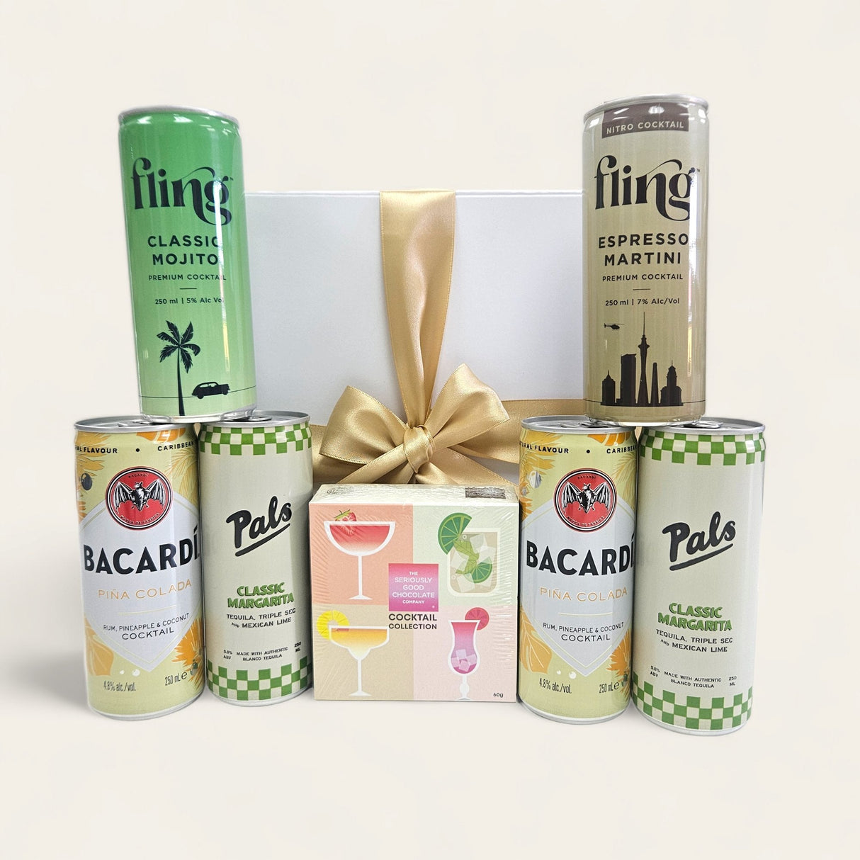 Elegant Cocktail Night gift box with margaritas, piña coladas, espresso martini, mojito, and gourmet chocolates.