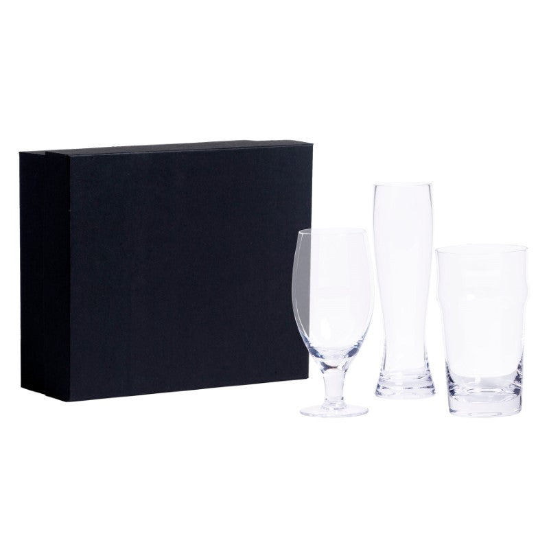 Craft Beer Glass Set featuring a lager, pilsner, and pint glass, elegantly packaged for beer enthusiasts and connoisseurs.