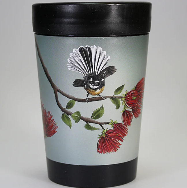 Eco-friendly reusable coffee cup featuring Pohutukawa & Fantail artwork, perfect for coffee lovers and sustainable living.