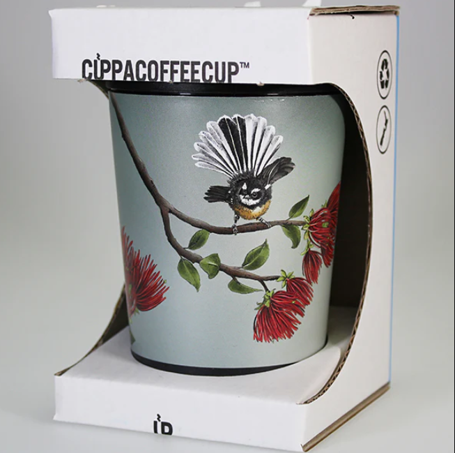 Eco-friendly 350ml reusable coffee cup featuring Pohutukawa & Fantail design, perfect for sustainable sipping on-the-go.
