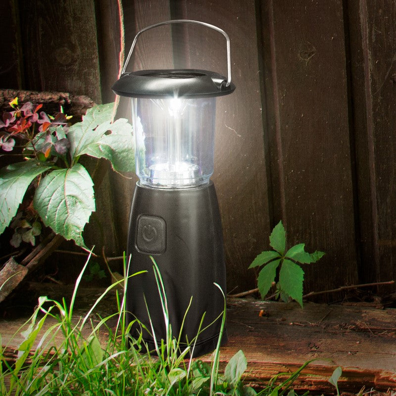 Rechargeable LED lantern with six bright LEDs, solar panel, hand crank, adjustable light, and portable stainless steel handle.