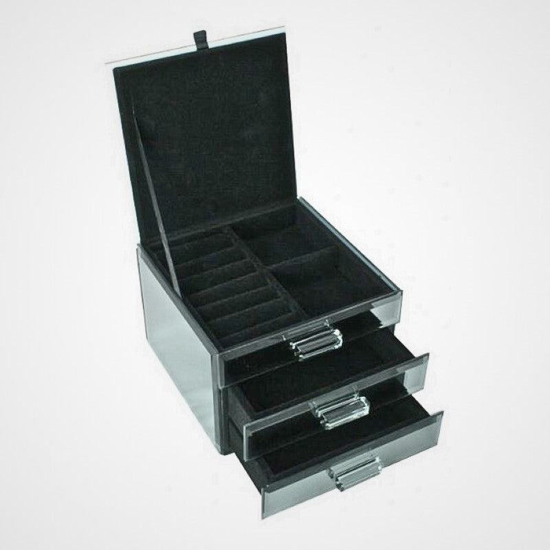 Elegant 3 Compartment Jewelry Box with mirrored design, featuring multiple storage sections and soft felt lining for protection.